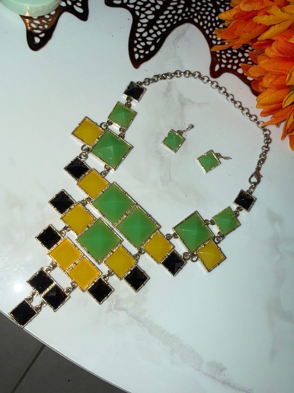 Bold Multi-Color Geometric Statement Necklace & Earrings - Green, Yellow & Black